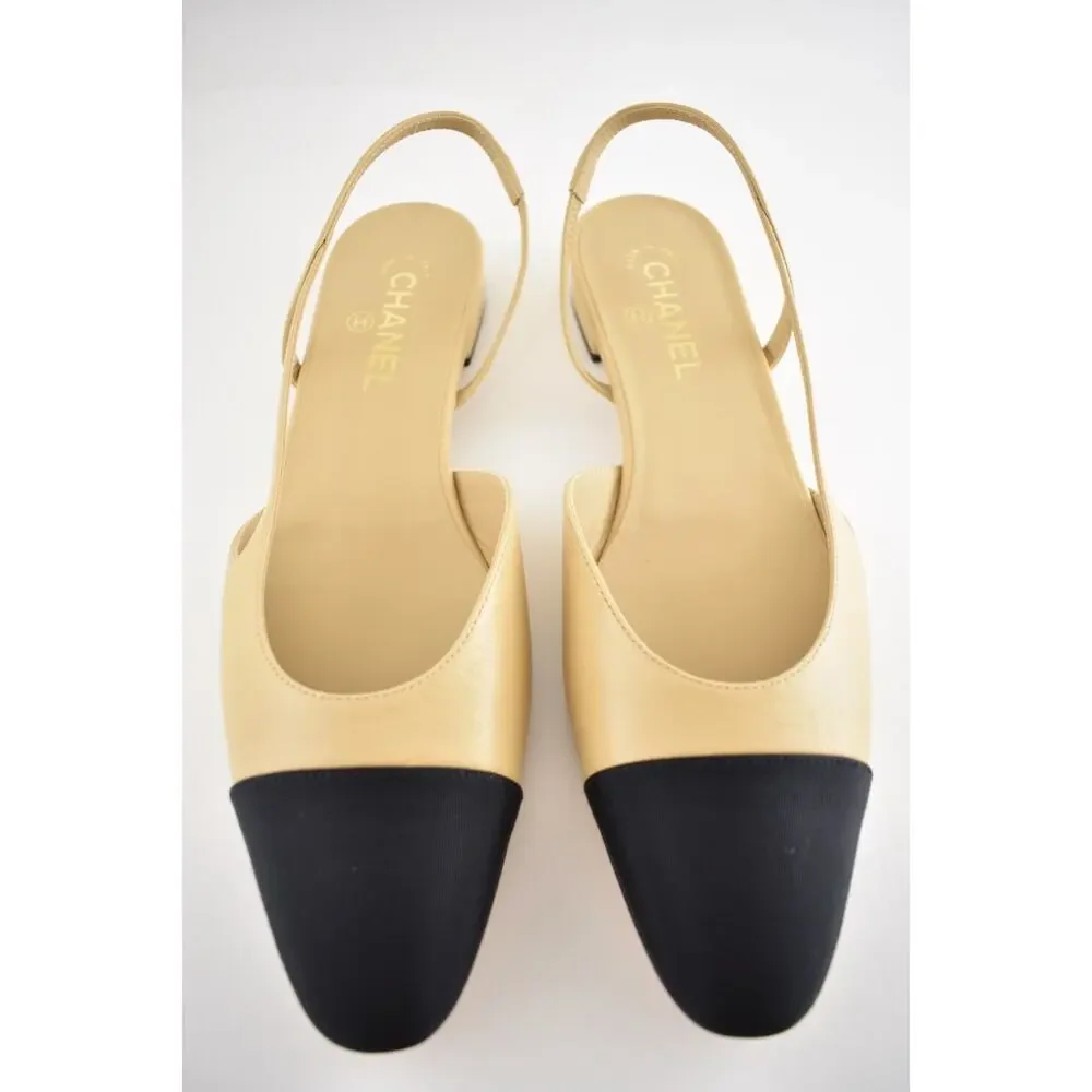 Chanel REV Beige Leather Black Cap CC Logo Coco Sling Slingback Ballet Flat 42.5